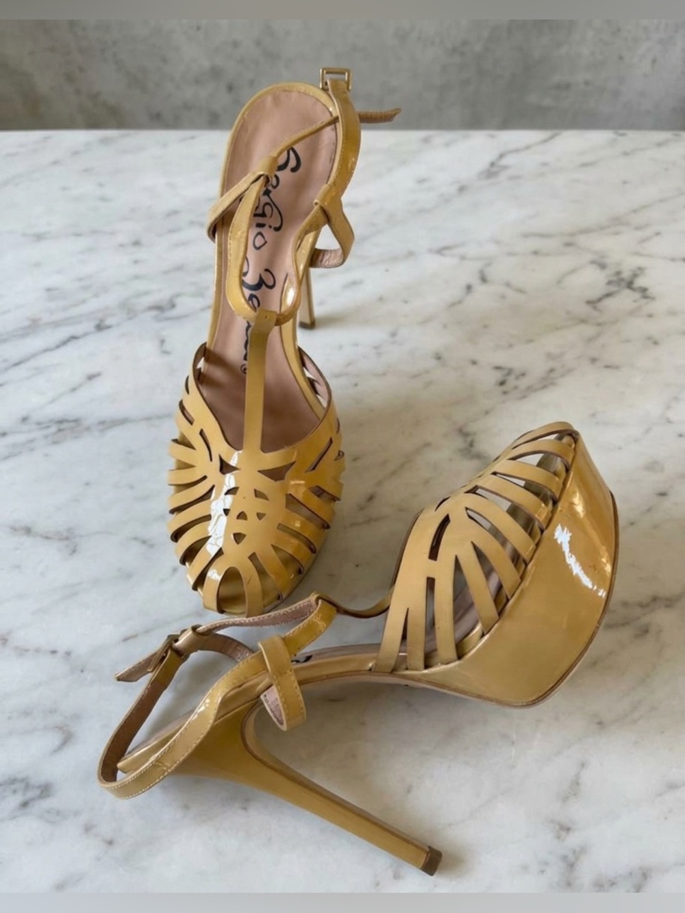 Sergio Zelcer Mustard Yellow Patent Leather Caged Lattice Platform Sandals